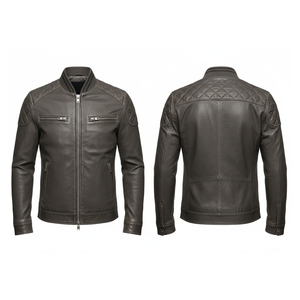 Veste de moto en cuir véritable pour homme, couleur vert-bleu foncé, col montant, épaules matelassées, style motard - Product Image 5