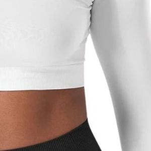 Camiseta Deportiva de Manga Larga sin Costuras para Mujer, Blanca, Compresiva, para Gimnasio, Fitness, Yoga, Entrenamiento, Ropa Deportiva Elástica - Product Image 6