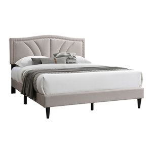 โครงเตียงควีนไซส์สไตล์โมเดิร์นวินเทจ 1 ชิ้น ผ้ากระสอบสีน้ำตาลอ่อน พร้อมตกแต่งขอบด้วยหมุดหัวเหล็ก หัวเตียงหุ้มเบาะ - Product Image 3