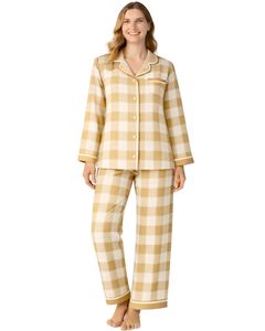 Custom Beige <b>Check</b> Women <b>Pajama</b> Set Long Sleeve Button Down Nightwear Soft Cotton Two Piece Sleepwear Comfortable Lounge Set - Product Image 1
