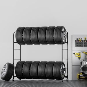 Carrello porta pneumatici in acciaio a 2 ripiani per garage, per stoccaggio ruote pesanti - Product Image 3