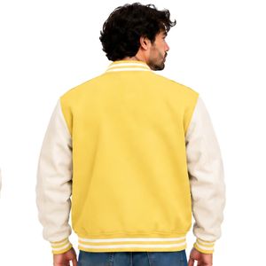 <b>Mens</b> Yellow Off <b>White</b> Varsity <b>Jacket</b> Contrast Sleeves Snap Button Baseball Bomber Striped Ribbed Casual College Streetwear - Product Image 3