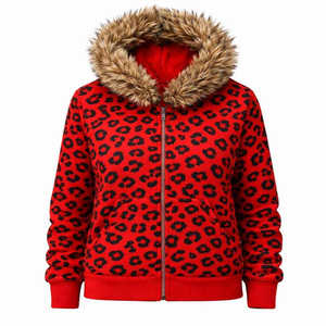 OEM Stylish <b>Leopard</b> <b>Print</b> Zip Up <b>Hoodie</b> With Fur Collar Custom Men Zip Up <b>Hoodie</b> Unisex Heavyweight Fleece Streetwear Hoodies - Product Image 3