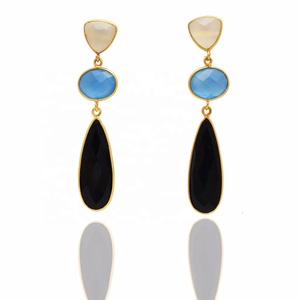 Boucles d'oreilles pendantes en argent sterling 925 pour femmes plaqué or calcédoine bleue naturelle Onyx noir perle de pierre précieuse principale - Product Image 2