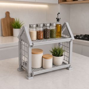House-Shaped Double Tier Non-Folding Multifunction Storage Rack <b>Plastic</b> Minimalist Kitchen Organizer for Sundries and Decor - Product Image 1