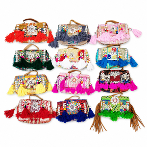 Handmade Canvas Recycled <b>Patchwork</b> Clutch <b>Bag</b> Boho Embroidered Tassel Evening Purse Eco-Friendly Pillow Shape Magnetic Closure - Product Image 1