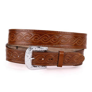 Top Trending Latest Design Hand Carved Wave Design Embossed <b>Men's</b> Fashion Western <b>Leather</b> Tooling <b>Belt</b> with Western Buckle - Product Image 6