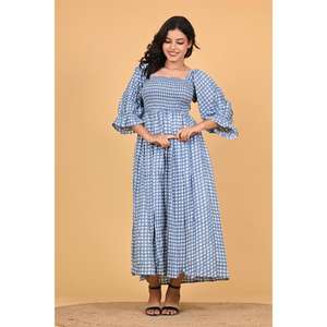 Robe longue d'été pour femmes, fabriquée à la main en Inde, 100% coton, écologique, à carreaux, style bohème, à volants, manches longues - Product Image 2