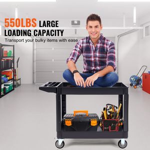 Carrello multiuso in plastica resistente a 2 ripiani da 550 libbre con ruote girevoli a 360° (2 freni)-La - Product Image 2
