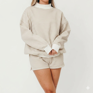 Women Skin <b>White</b> Striped Knitted <b>2</b> <b>Piece</b> Shorts <b>Set</b> Turtleneck Long Sleeve Loose Fit Casual Spring High Quality Customized - Product Image 1