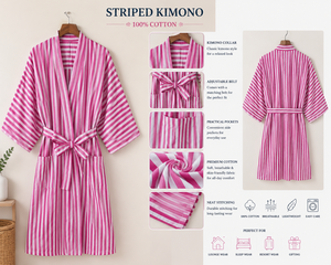 Bata Kimono de Algodón 100% para Mujer, Rayas Azules, Hecha a Mano, Ligera, Bata de Baño Floral, Bata de Descanso, Vestido de Playa, Ropa de Resort - Product Image 3