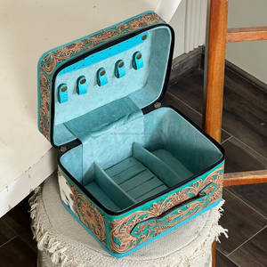 Super September Western Hand Tooled Leather Jewelry Organizer Luxury Cowhide Leather Zipper Closure Makeup <b>Travel</b> Storage <b>Case</b> - Product Image 6