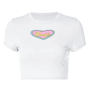 Camiseta Corta Ajustada para Mujer, Cuello Redondo, Manga Corta, Diseño con Letras Estampadas, Informal, Transpirable, Verano, Blanca, Poliéster/Algodón - Product Image 4