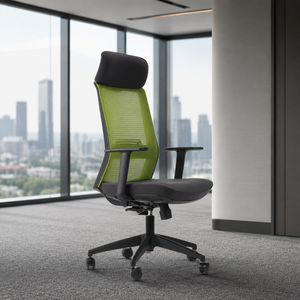 Chaise de bureau ergonomique en tissu, dossier haut, pivotante, accoudoirs réglables, appui-tête intégré, design moderne, usage commercial - Product Image 1
