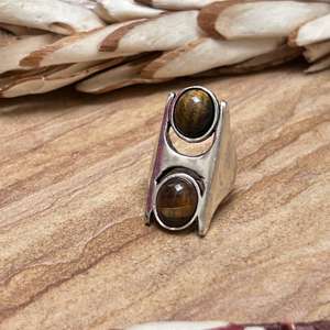 Tiger Eye Wide <b>Statement</b> <b>Ring</b> Men Silver Plated Brass <b>Ring</b> Jewelry Bold Geometric Double Stone Design Wholesale - Product Image 2