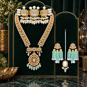 Wholesale Mint <b>Bridal</b> <b>Jewelry</b> <b>Set</b> Long Necklace Pearl Choker Earrings Tikka Bulk Manufacturer - Product Image 2