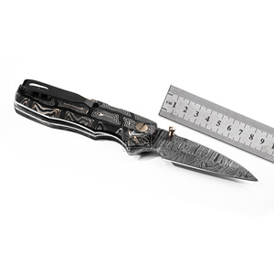 Cuchillo Plegable de Acero de Damasco Personalizado DIY al por Mayor, Cuchillo de Bolsillo con Mango de Micarta y Huella Dactilar, Cuchillo de Camping para Exteriores con Funda de Cuero - Product Image 2