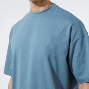 เสื้อยืดผู้ชายทรงโอเวอร์ไซส์สีฟ้าคุณภาพสูง คลาสสิก สไตล์ลำลองสำหรับฤดูร้อน ผ้าหนา ทรงบ็อกซี่ ไหล่ตก แขนสั้น ไม่มีลาย - Product Image 5