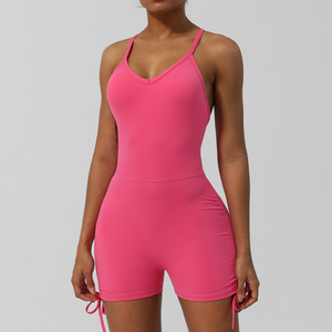 <b>Womens</b> Purple Seamless Ruched <b>Romper</b> Sleeveless V Neck High Waist Drawstring Shorts Jumpsuit Summer - Product Image 2