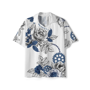 Unisex White Floral Printed Short Sleeve Shirt With Blue Gears Turn-down Collar Regular Fit Breathable <b>Polyester</b> Summer Wear - Product Image 1