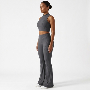 Womens Charcoal Gray Ribbed High Neck Yoga Set <b>Flare</b> <b>Leggings</b> Fitness <b>Gym</b> Workout Activewear Two Piece Sportswear - Product Image 1
