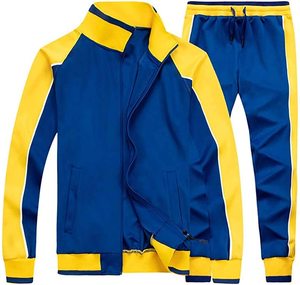 Unisex Blue <b>Yellow</b> Color Blocking <b>Tracksuit</b> Set Full Sleeve Zipper Closure Sporty Style Adult Autumn Wear Breathable Polyester. - Product Image 2