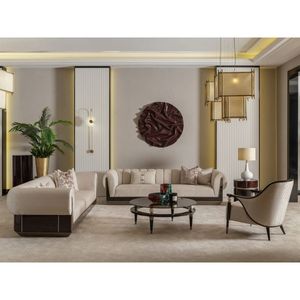 Luxury Solid Teak Wood Living Room Furniture Set Modern Cream Velvet 4 1 Seater <b>Sofa</b> Coffee <b>Table</b> <b>Side</b> <b>Tables</b> Villa Hotel - Product Image 1