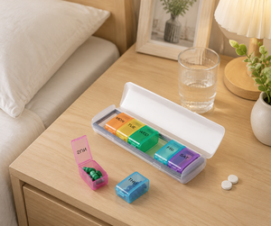 Organisateur de pilules hebdomadaire, boîte de rangement pour médicaments en plastique pour 7 jours, compartiments colorés, certifié BSCI, couleur et logo personnalisables pour usage quotidien - Product Image 1