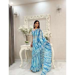 FANCY GEORGETTE PRINT BORDADO SECUENCIA TRABAJO SAREE CON BLUSA SIN COSTAR SKY - Product Image 1