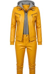 Veste de moto jaune en cuir PU pour femme avec capuche et intérieur doublé, et pantalon assorti - Product Image 6