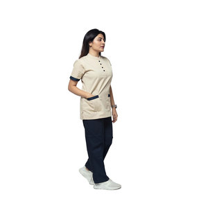Haut de blouse beige pour femme avec bordure marine et poches, ensemble uniforme d'hôpital pour infirmières, tissu tissé en mélange de coton - Product Image 4