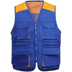 Chaleco de Trabajo Azul para Hombre con Múltiples Bolsillos, Cierre de Cremallera, Transpirable, de Poliéster, Cuello en V, Ropa Exterior Informal para Verano - Product Image 1
