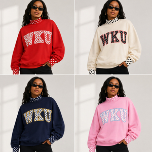 Sweat-shirt en molleton épais de haute qualité, personnalisé avec un texte en écriture cursive brodé, col à motif à pois contrastant - Product Image 5