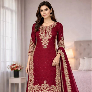 Ensemble Salwar Kameez de Luxe en Soie avec Broderie Zari Dorée, Tenue de Cérémonie Designer, Ensemble Palazzo en Georgette avec Bordure, Hiver et Été - Product Image 1