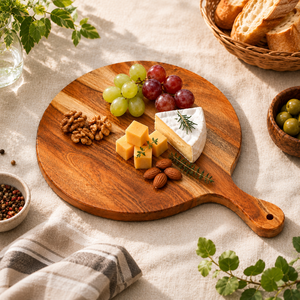 Planche à découper ronde en bois avec poignée |   Planche à découper et à servir en bois artisanale |   Planche de préparation de cuisine multifonctionnelle - Product Image 6