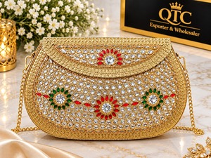 Handcrafted Metallic Kundan <b>Crossbody</b> Clutch <b>Bag</b> with Mosaic Rhinestone Velvet Lining <b>Mini</b> Size for Bridal Party Women - Product Image 1
