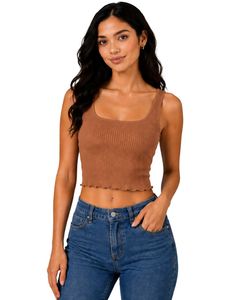 Top corto acanalado marrón para mujer, sin mangas, cuello cuadrado, ajuste ceñido, de punto de algodón elástico, estilo casual de verano, chaleco personalizado para mujer - Product Image 1