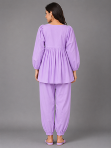 Conjunto Casual de Dos Piezas para Mujer, Color Lavanda Sólido, 100% Algodón Premium, Cuello Mao, Manga Larga, Corte Regular, Verano - Product Image 6