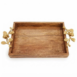 Luxury Design Wood Serving Platter With Gold Leaf Branch Handles Decorative Wooden Tray With Bird Motif For <b>Coffee</b> <b>Table</b> Home - Product Image 6