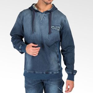 Sudadera con Capucha de Mezclilla de la Mejor Calidad para Hombre, Talla Grande, Azul Lavado, Estilo Oversize, con Logotipo Personalizado Bordado y Bolsillo Canguro - Product Image 3