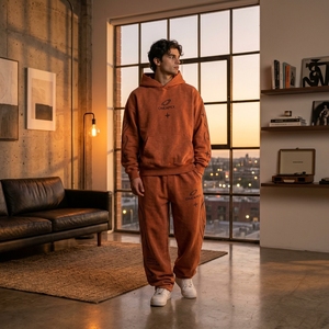 Conjunto de Sudadera con Capucha y Pantalones Deportivos para Hombre, Color Naranja Sólido, Estilo Urbano, con Logotipo Bordado Personalizado, Algodón Grueso - Product Image 4