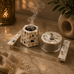 Contemporary Wood Resin Bakhoor Burner Set Arabic Calligraphy Storage <b>Box</b> With Tray Oud Incense Burner Arabic Incense Holder - Product Image 5
