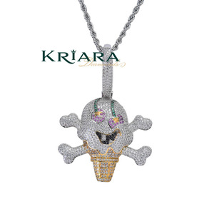 Ice Cream <b>Skull</b> Pendant White Gold Rhodium Plated Hiphop Style Unisex Everyday Wear Jewelry - Product Image 1