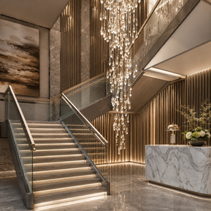 Escalier en marbre courbé avec éclairage LED intégré dans les marches, rampe en bois moderne pour la décoration intérieure de villas et d'hôtels - Product Image 1