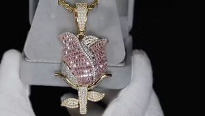 Pendentif Fleur de Rose Iced Out pour Hommes et Femmes, Style Hip Hop, Forme Diamant, Moissanite Sertie Clos, Bijoux Plaqué Argent - Product Image 3