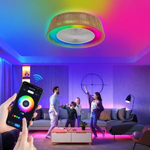 Ventilatore da soffitto LED moderno rustico da 21 pollici con luce RGB, illuminazione d'atmosfera, silenzioso, semi-incasso per camera da letto e soggiorno, design in corda intrecciata - Product Image 3
