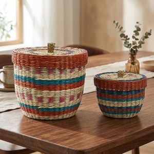 Handwoven Mini Seagrass Basket with <b>Lid</b> – Colorful Decorative <b>Storage</b> Basket for Jewelry, Cosmetics and <b>Small</b> Accessories - Product Image 1