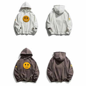 เสื้อสเวตเชิ้ตมีฮู้ดขนาดใหญ่สำหรับผู้ชาย สีเทา ปักลายหน้ายิ้มสีเหลือง ดีไซน์การ์ตูน สวมใส่สบายๆ ในฤดูใบไม้ร่วง - Product Image 2