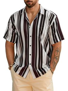 Chemise décontractée d'été pour homme en flanelle 100 % soie infroissable, imprimé hawaïen, boutonnée, pour la plage et les vacances, à rayures, tendance - Product Image 5