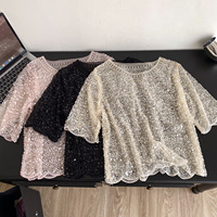 Blusas Casuales de Verano de Manga Corta para Mujer, Camisas con Lentejuelas, Tops Casuales para Dama, Ropa al por Mayor